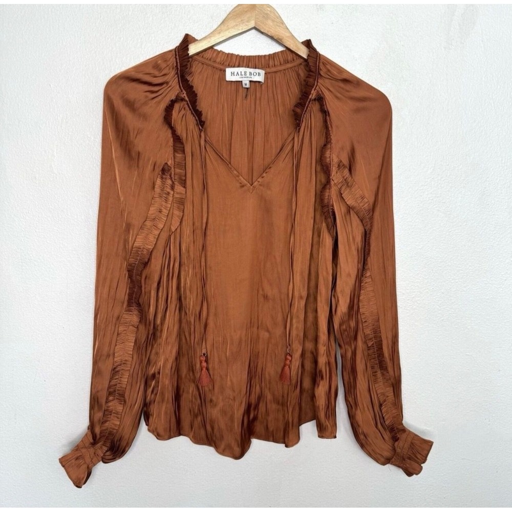 Hale Bob Remington Pleated Top In Rust Women's Medium Blouse Tassels Boho Satin